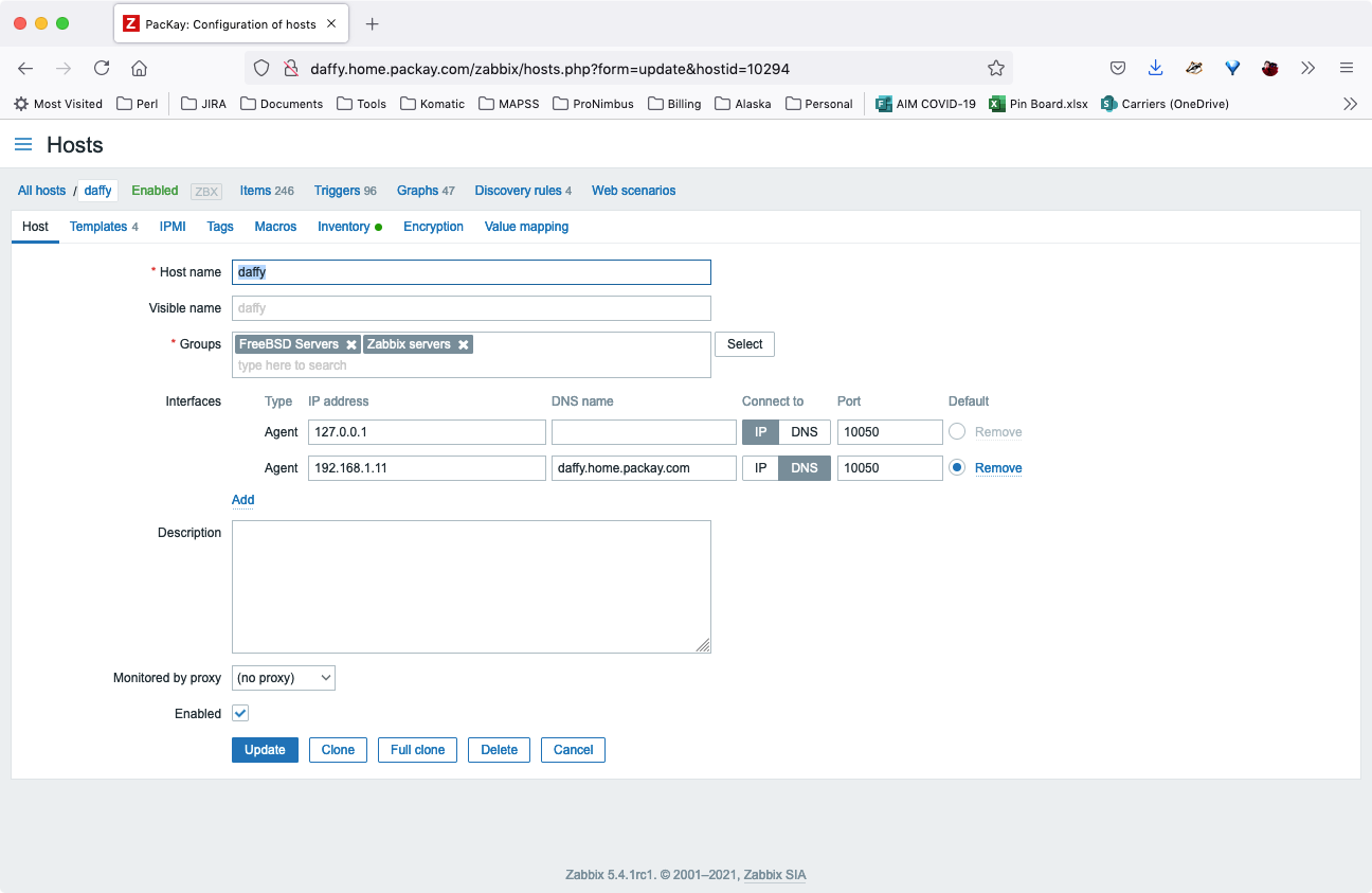 Zabbix config screen of server/agent